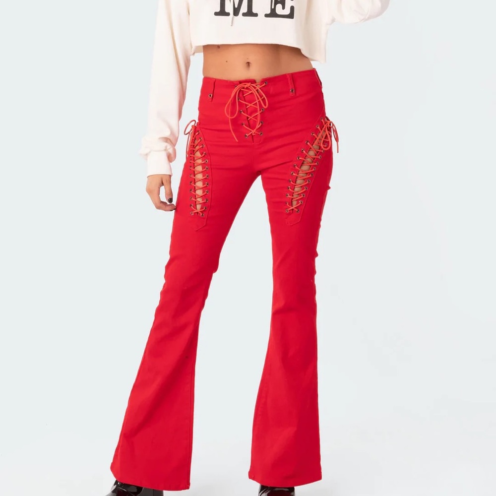 Edikted Red Flare Lace Up Pants